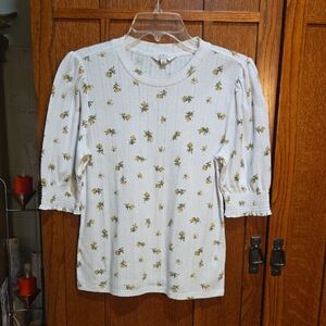 Lucky Brand White Floral Puff-Sleeve Top with Yellow Roses